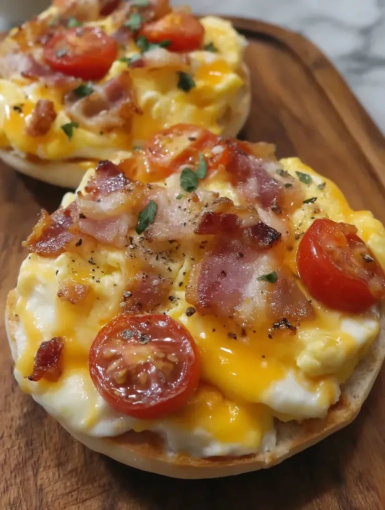 Two eggs benedict sandwiches with tomatoes.