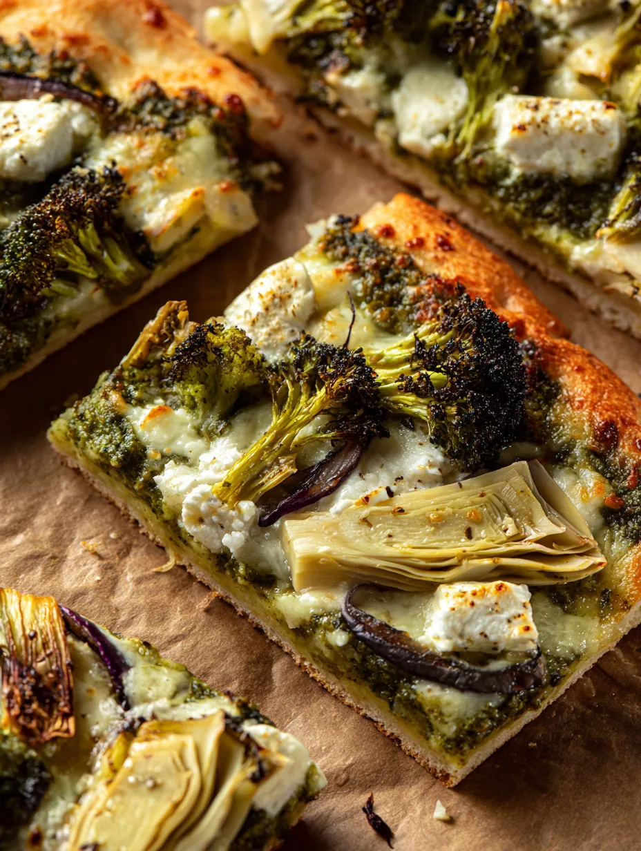 A yummy slice of pizza with broccoli on it.