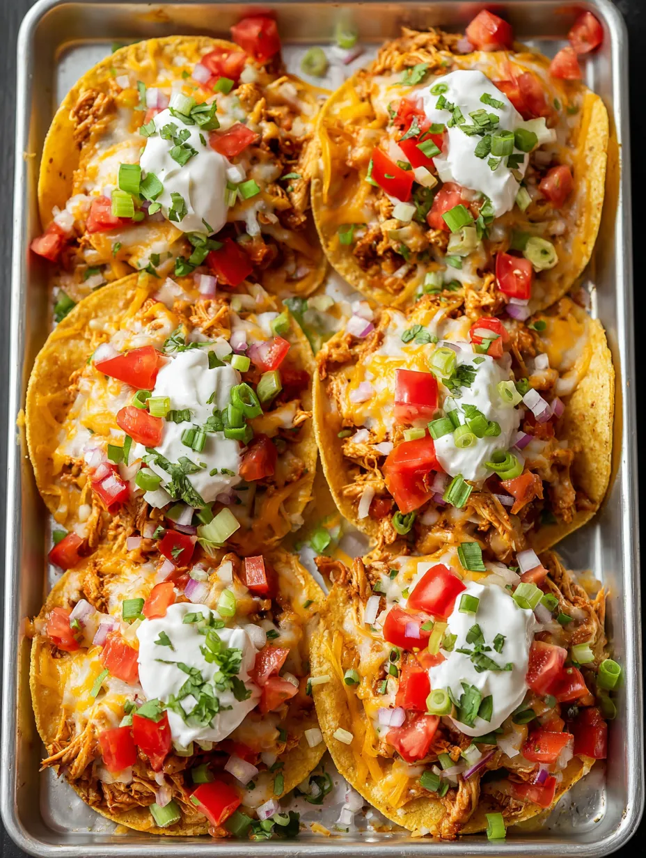 A tray of chicken tacos with tomatoes, lettuce, and cheese.
