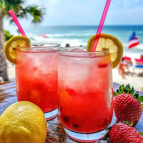 Two chilled glasses filled with pink lemonade and a lemon slice on the side.