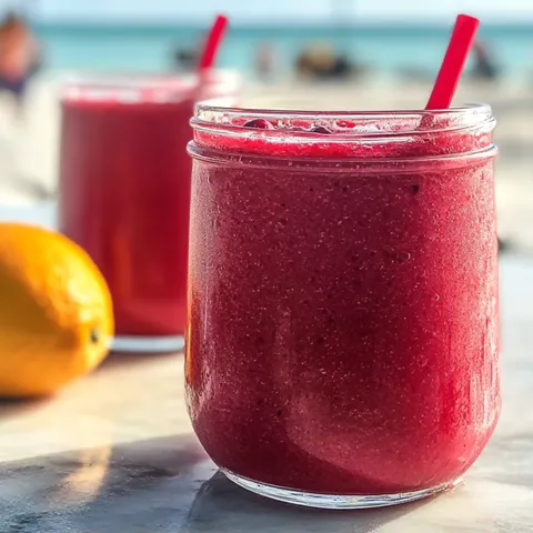 A glass of red juice with a lemon on the side.