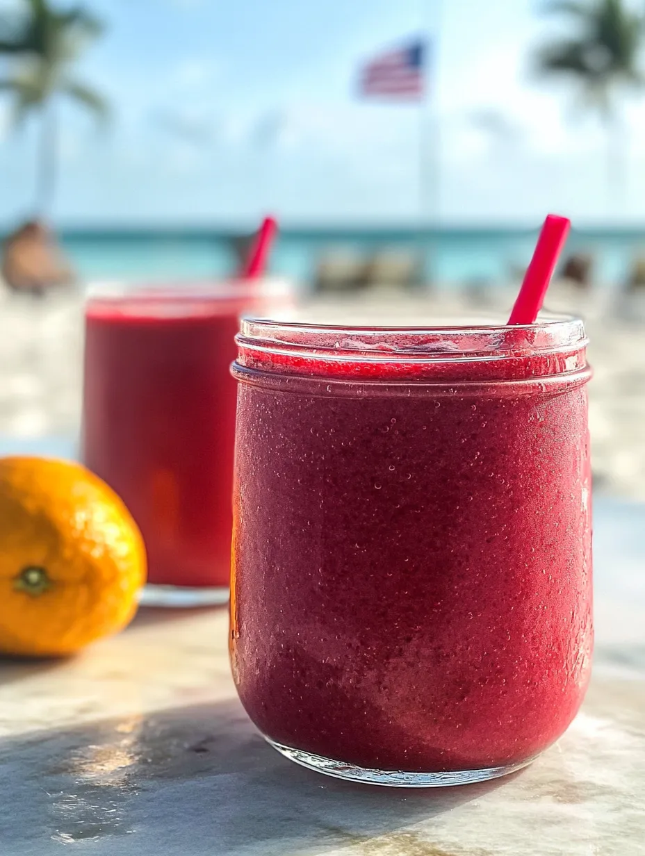 Two red smoothies on a table, ready to drink.