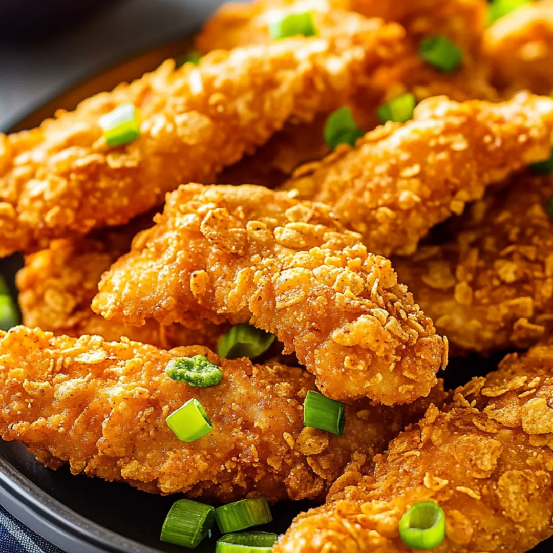 Fried chicken piled on a plate with green onions.