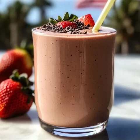 A glass of chocolate milk with strawberries on top.