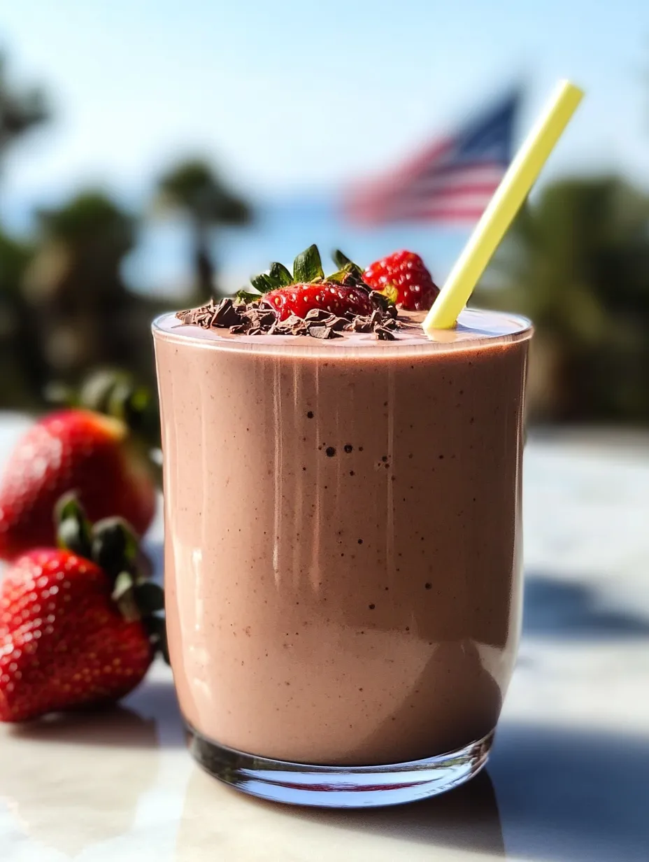 A glass of chocolate milk with strawberries on top.