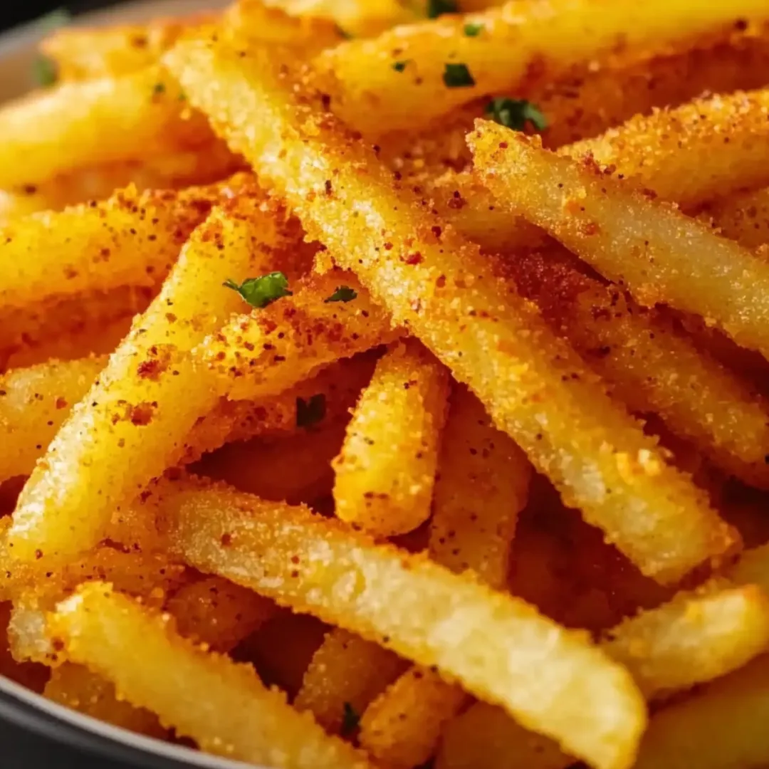 French fries in a bowl finished with a bit of parsley on top.