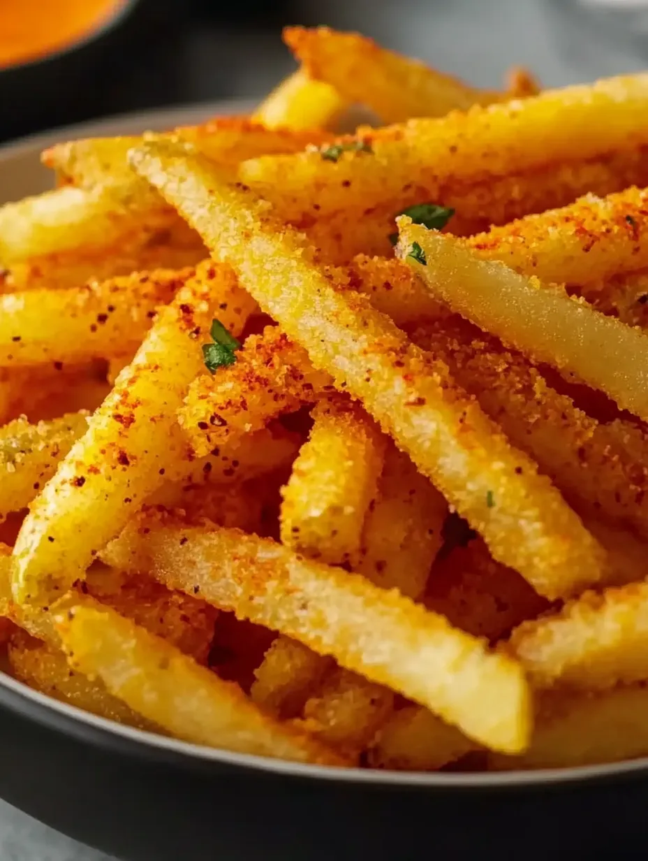 A plate of french fries with spices.