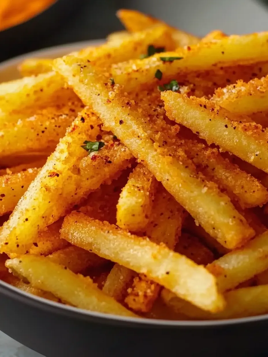 A plate of french fries with seasoning.