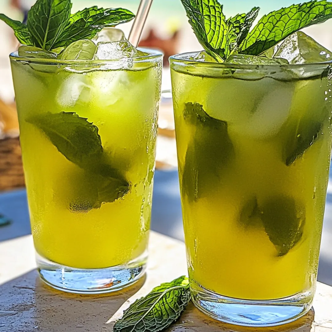 Two glasses holding chilled green tea plus sprigs of mint on top.
