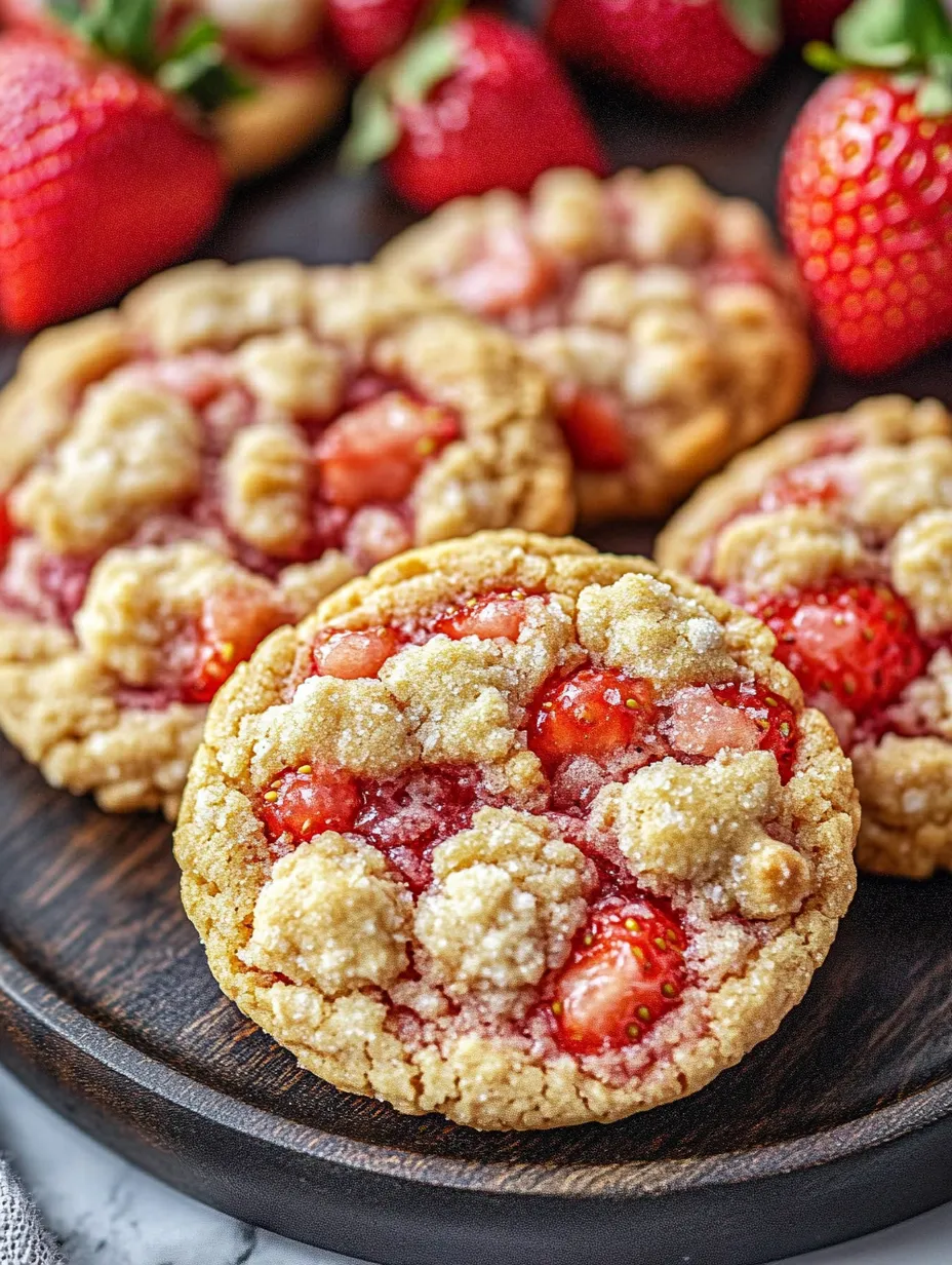 A close up of a cookie with strawberries on top.
