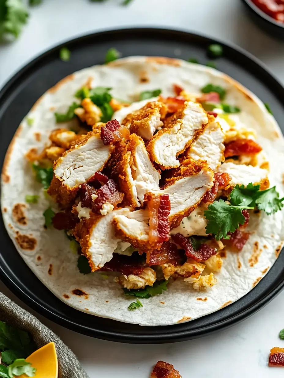 A plate of chicken and bacon on a tortilla.