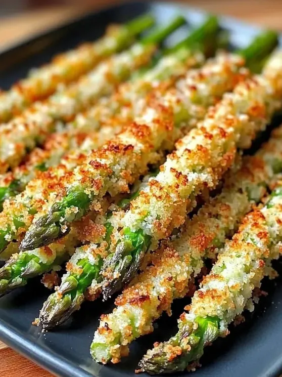 A plate of food with asparagus and cheese.