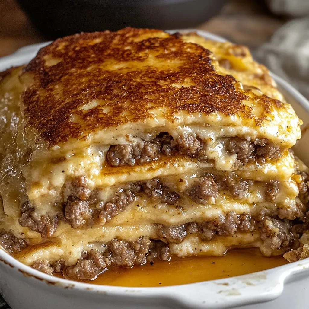 Stacked sandwiches with sausage and cheese on a plate.