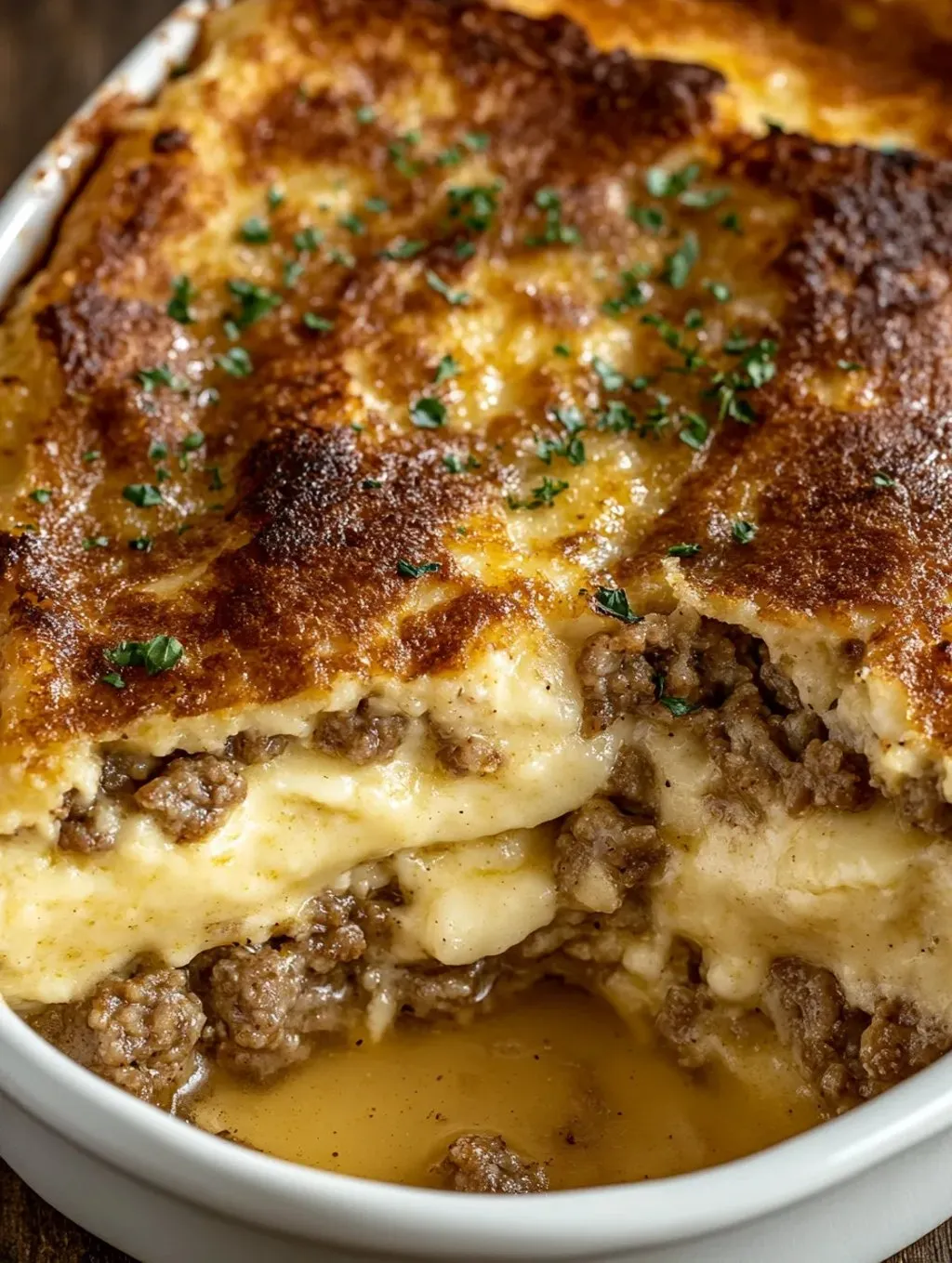 Cheesy, layered comfort food in a baking dish.