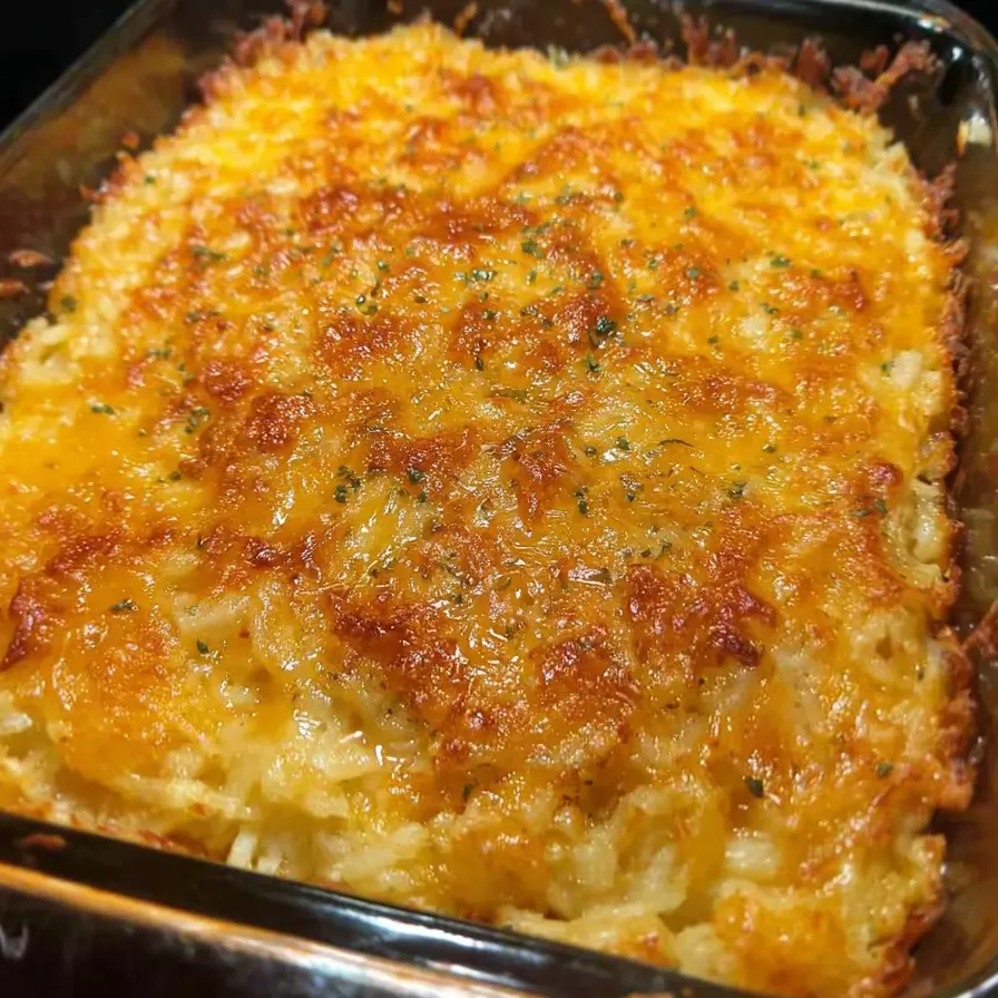 Cheesy potato casserole with a sprinkle of herbs on top.