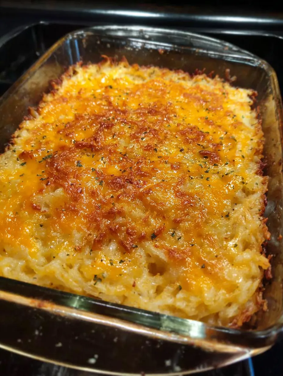 A pan of cheesy hash browns.