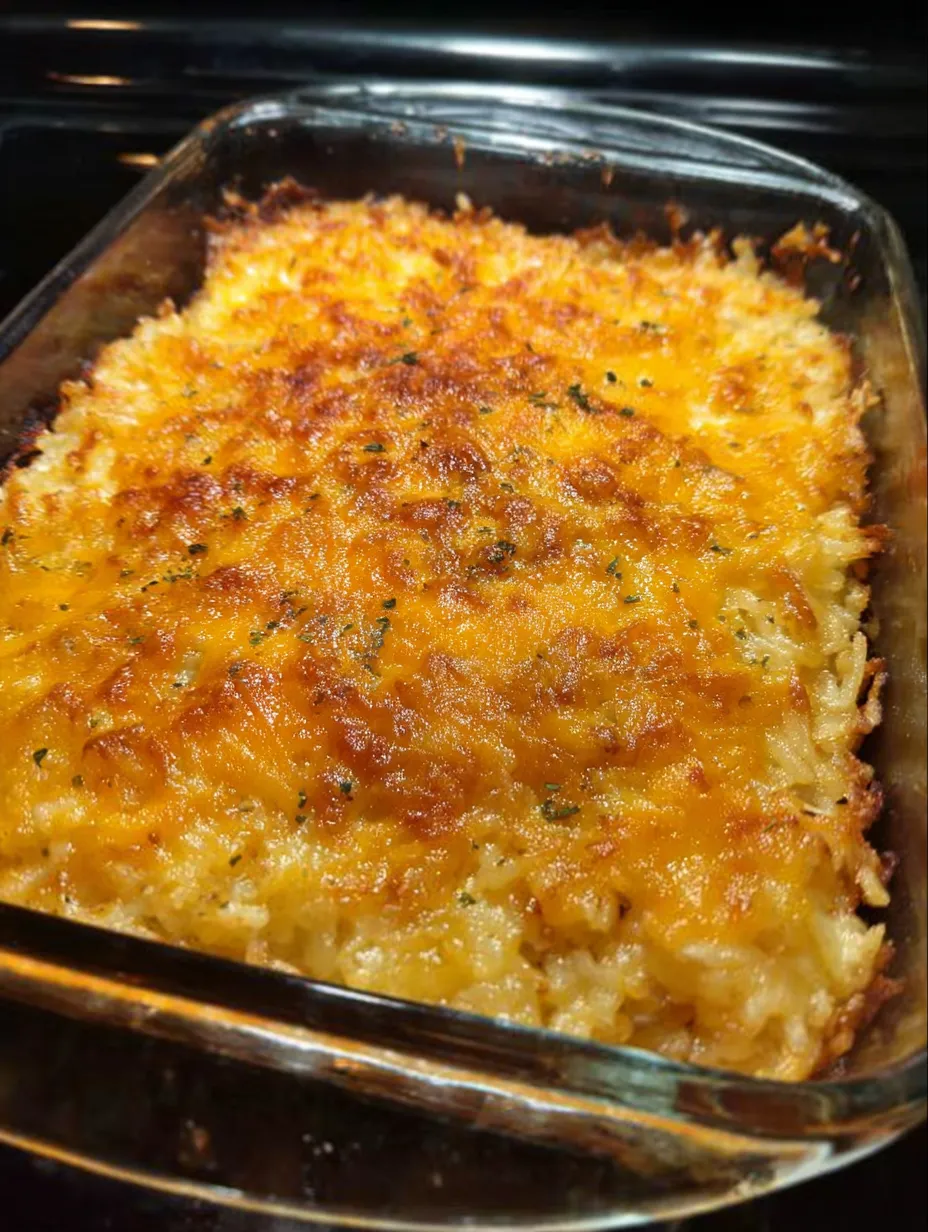 A pan of food with cheese and potatoes.
