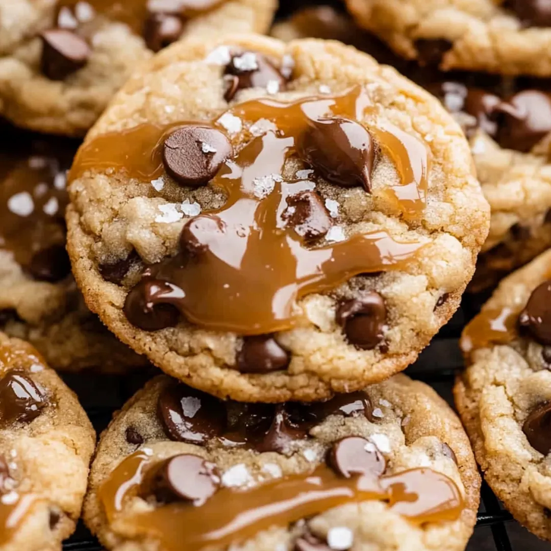 Chocolate chip cookies with caramel drizzle.