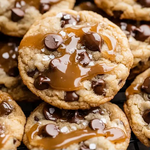 Chocolate chip cookies with caramel drizzle.