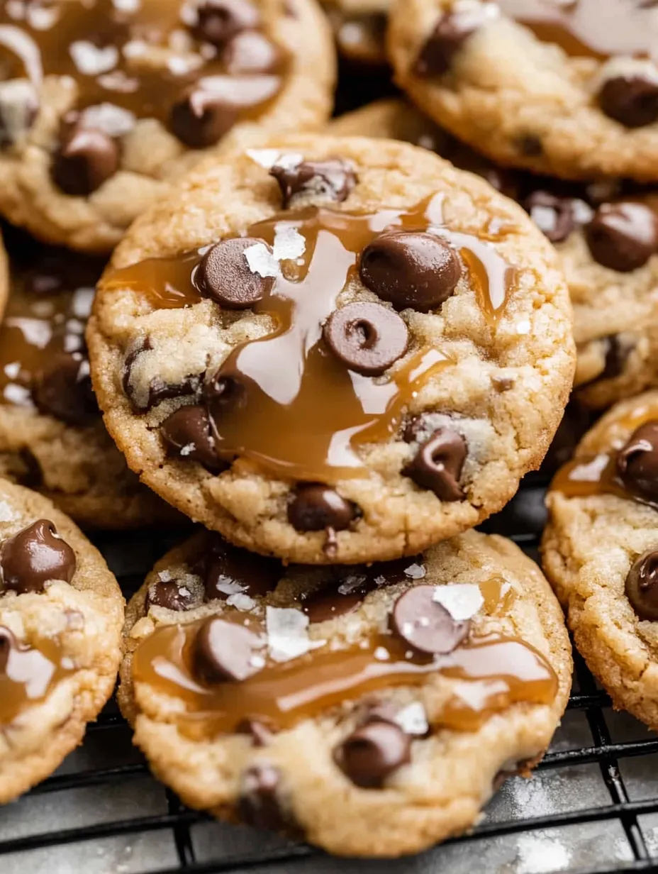 Chocolate chip cookies with caramel drizzle.