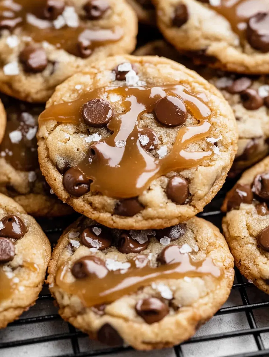 Chocolate chip cookies with caramel drizzle.