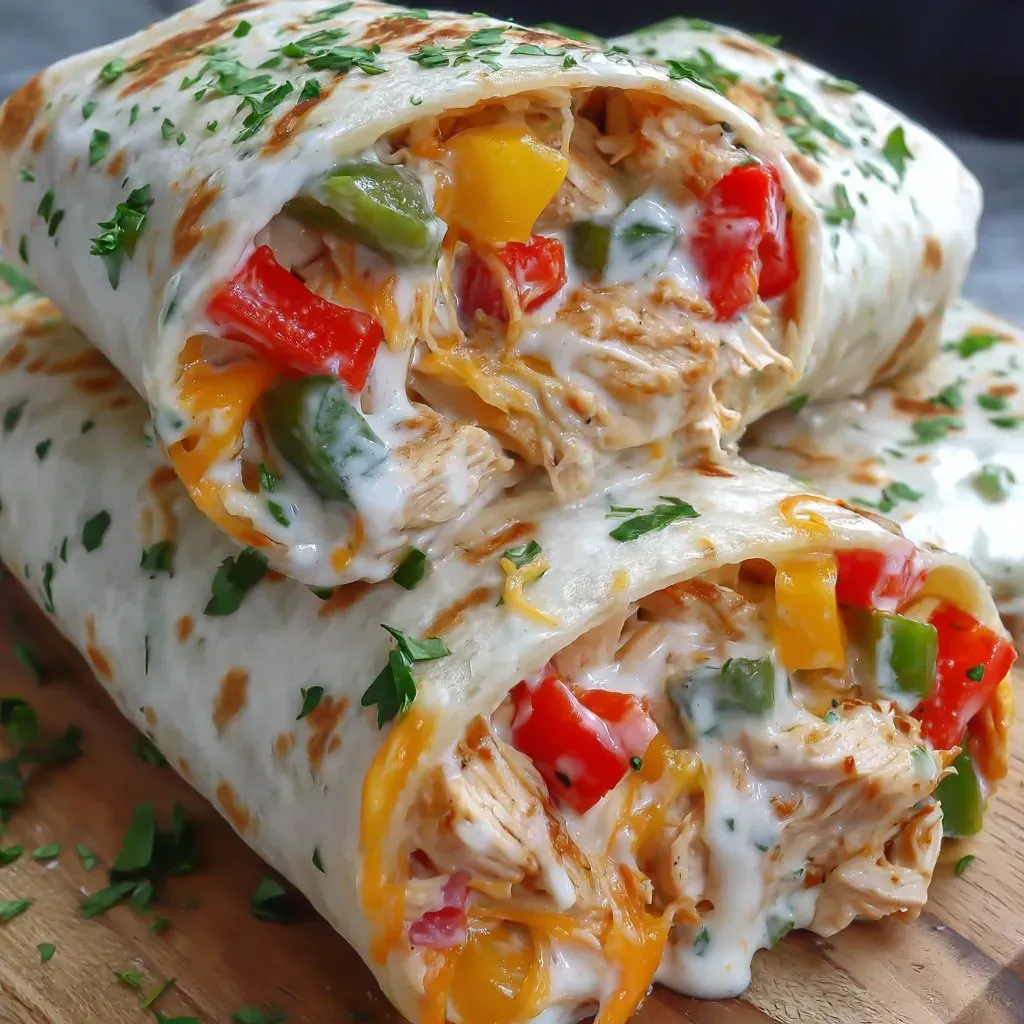 A burrito with chicken, peppers, and cheese.