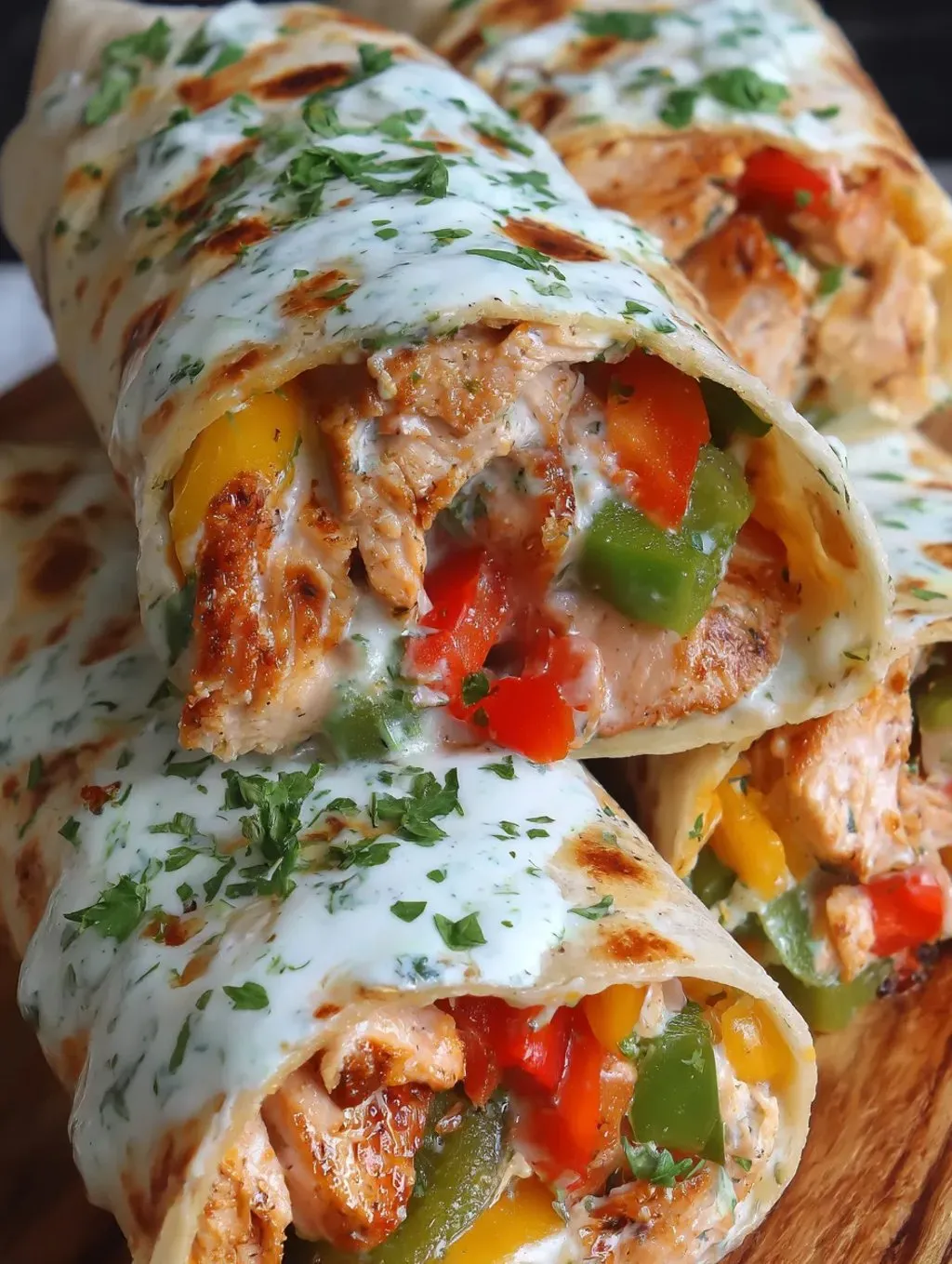 A burrito with chicken, peppers and cheese.