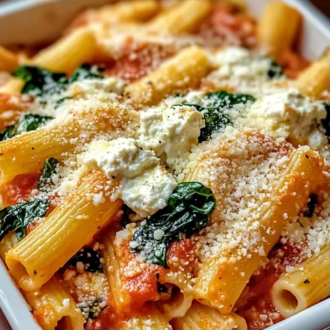 A bowl of pasta with cheese and spinach.