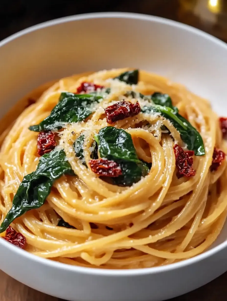A bowl of pasta with cheese and spinach.