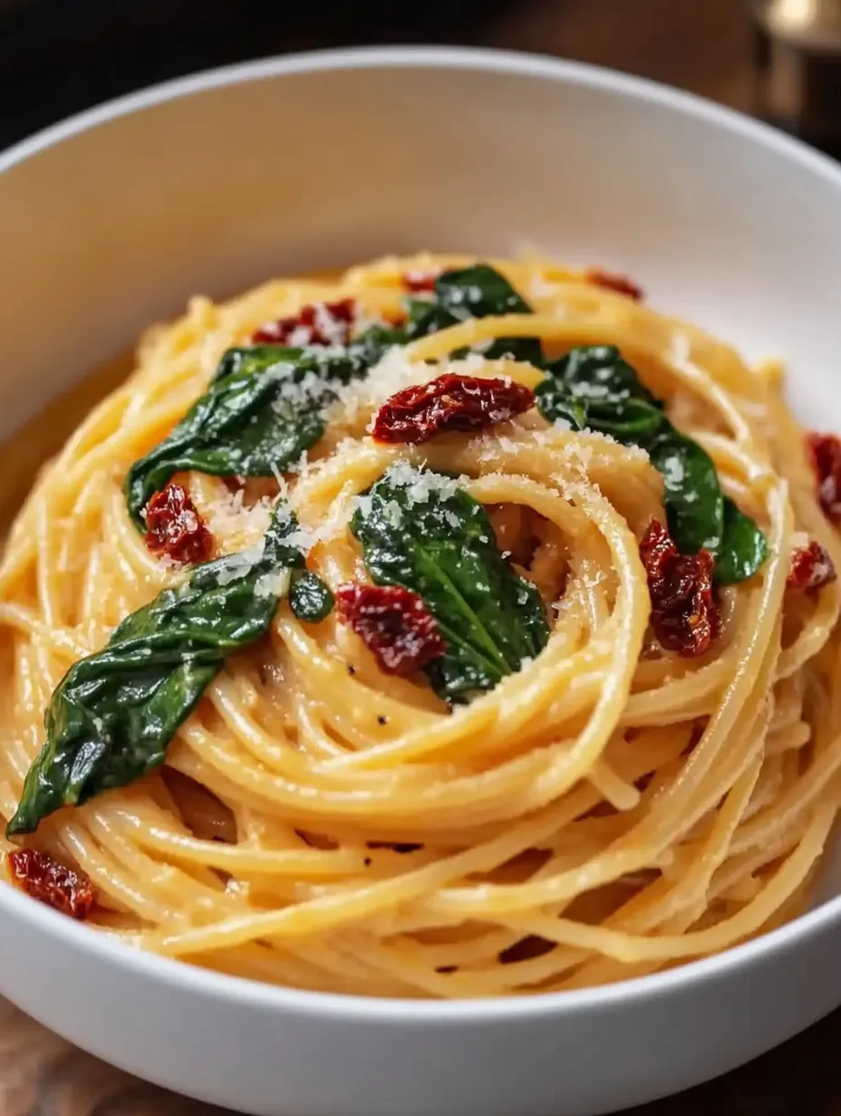 A bowl of pasta with spinach and red peppers.