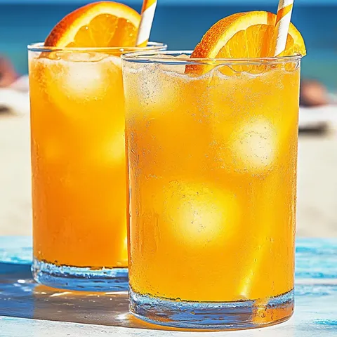 Two glasses of orange juice on a table.