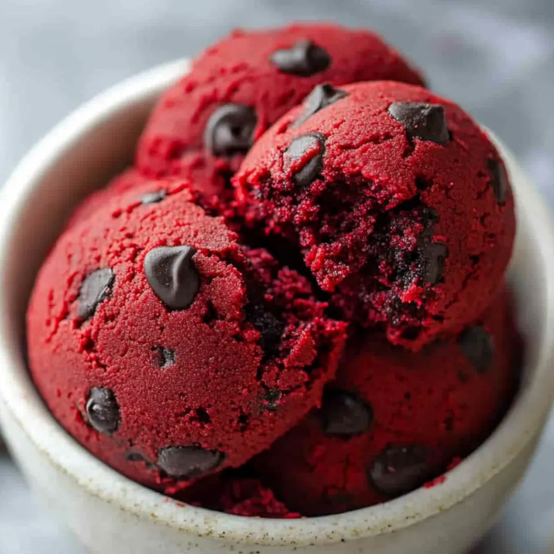 A bowl of red velvet cupcakes with chocolate chips.