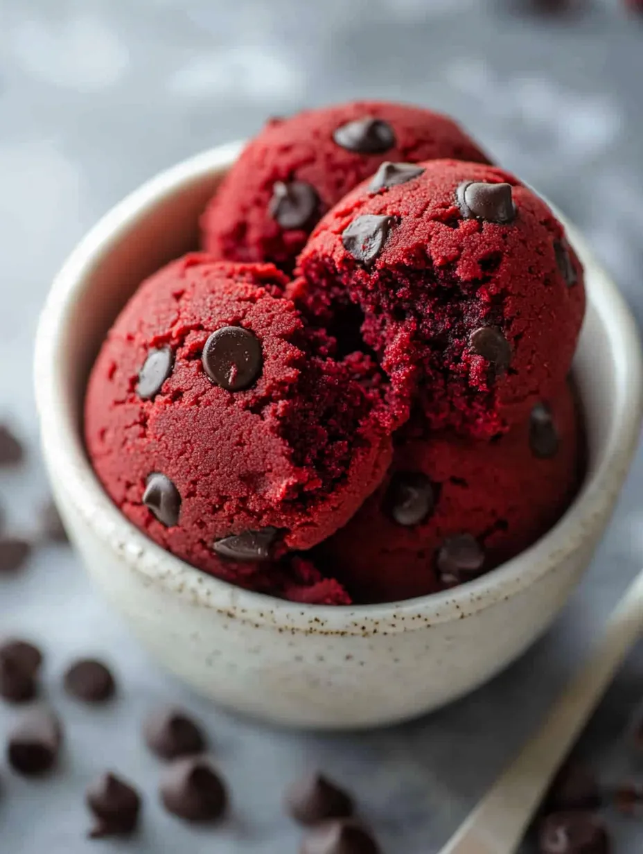 A bowl of red velvet cake with chocolate chips.