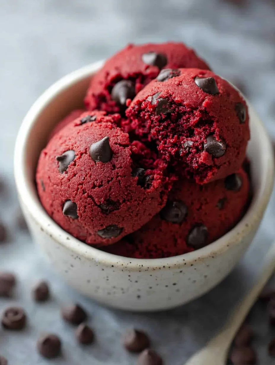 A bowl of red velvet cake with chocolate chips.