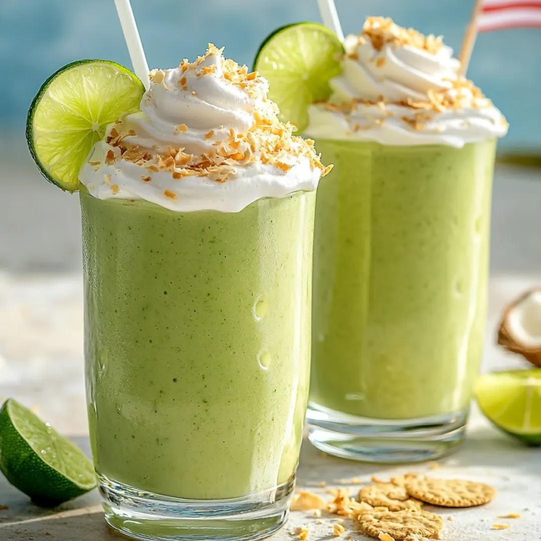 Two glasses of green smoothie with coconut on top.