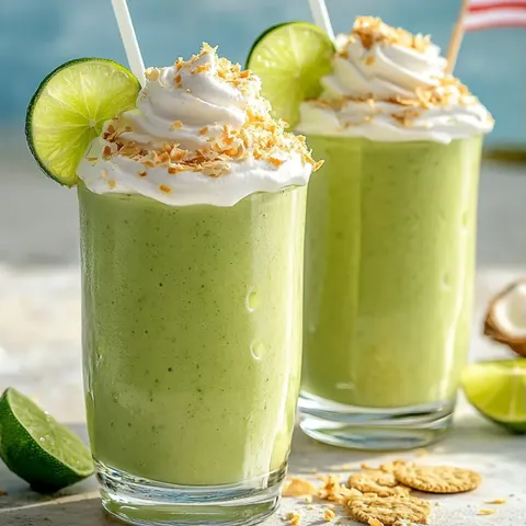 Two glasses of green smoothie with coconut on top.
