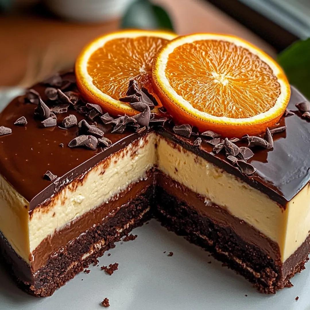 A slice of chocolate cake with orange slices on top.
