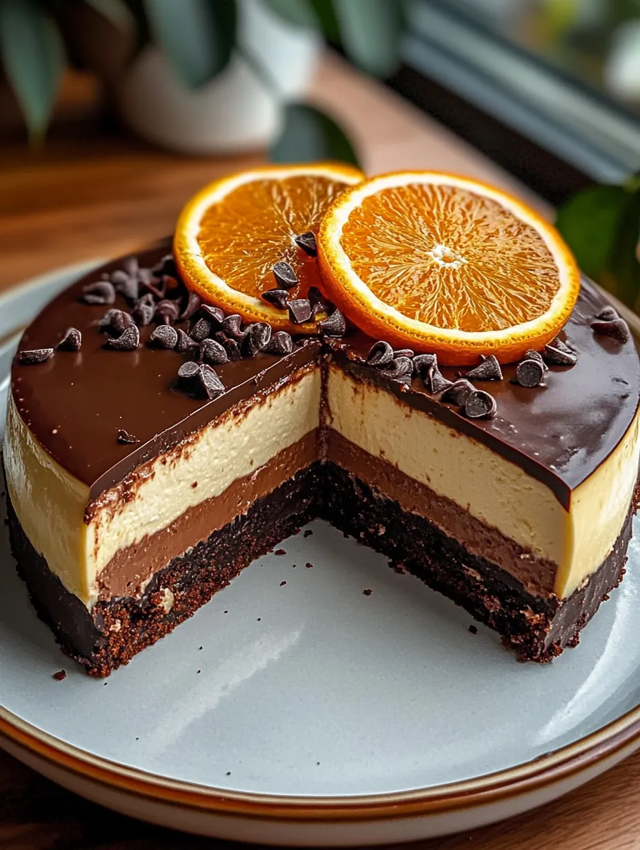 A slice of chocolate cake with orange slices on top.