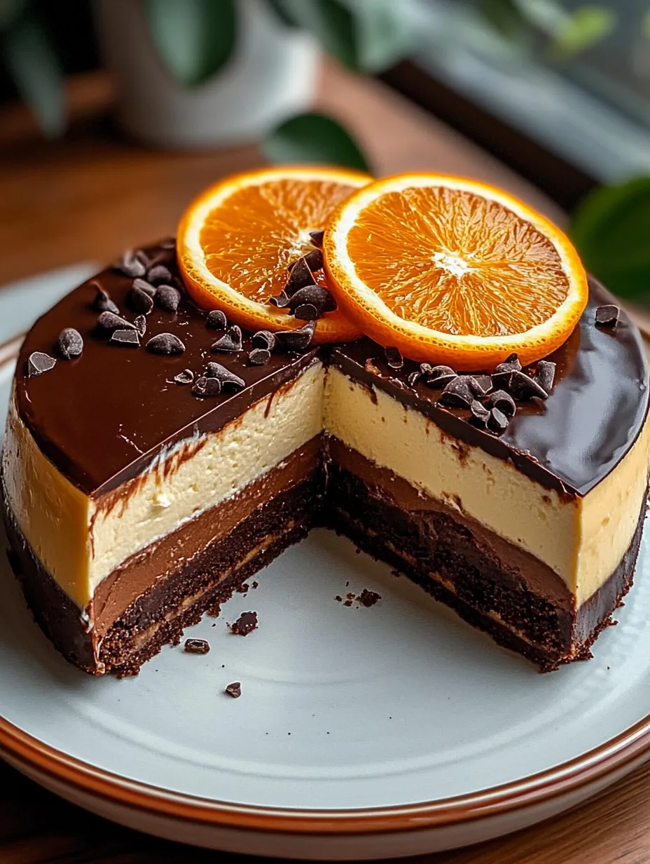 A slice of chocolate cake with orange slices on top.