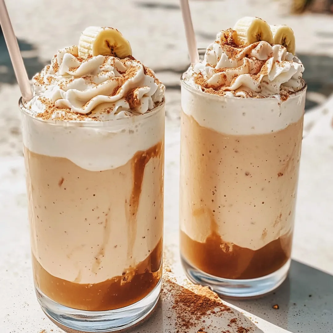 Two glasses of banana and caramel flavored milkshakes.