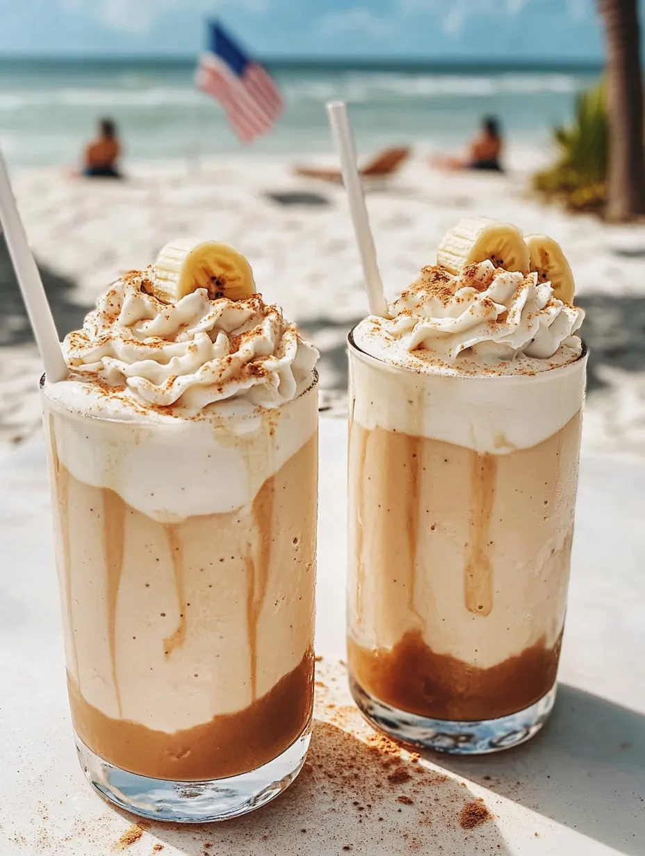 Two glasses of banana and caramel milkshakes.