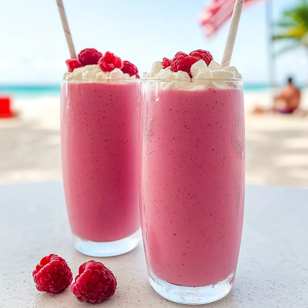 Two glasses of pink smoothie with raspberries on the side.