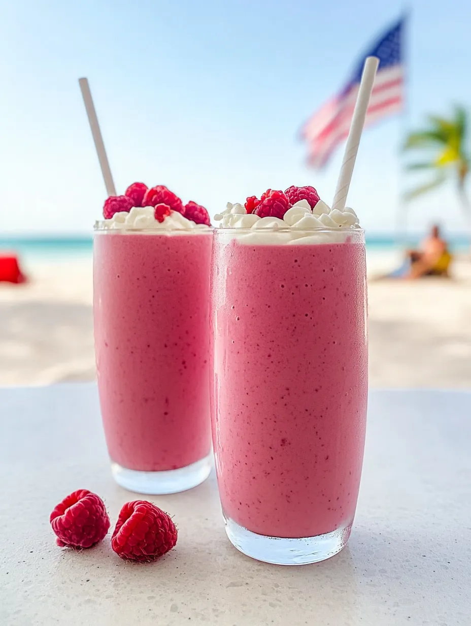 Two glasses of pink smoothie with raspberries on the side.