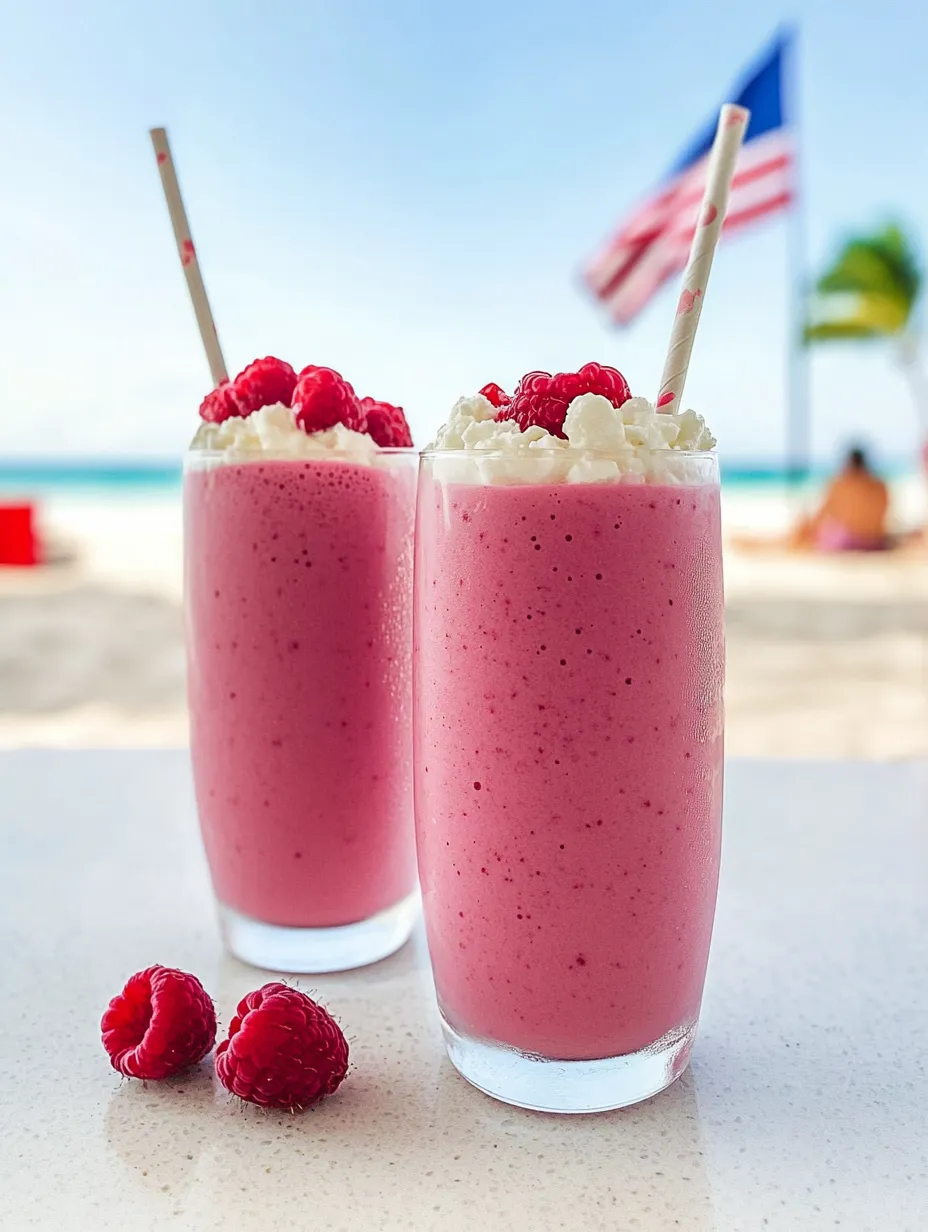 Two glasses of pink smoothie with raspberries on the side.