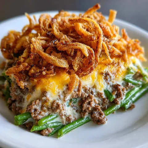 A plate of food with onion rings on top.