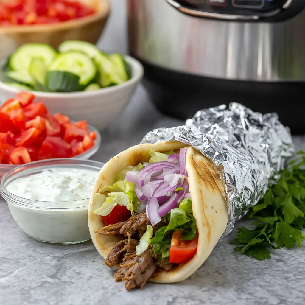 A wrap with meat and vegetables on a table.