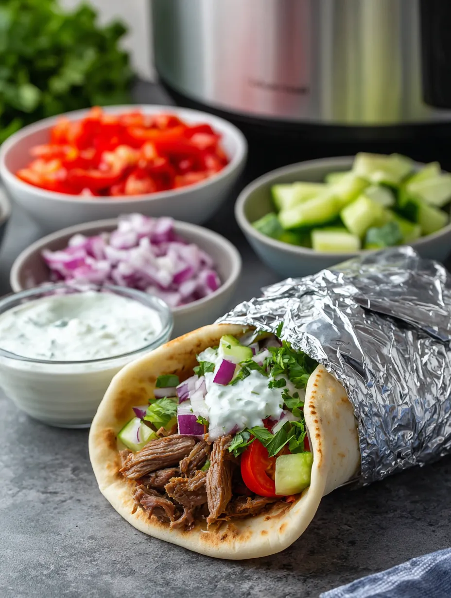 A variety of foods are displayed on a table, including a wrap, a bowl of vegetables, and a bowl of meat.