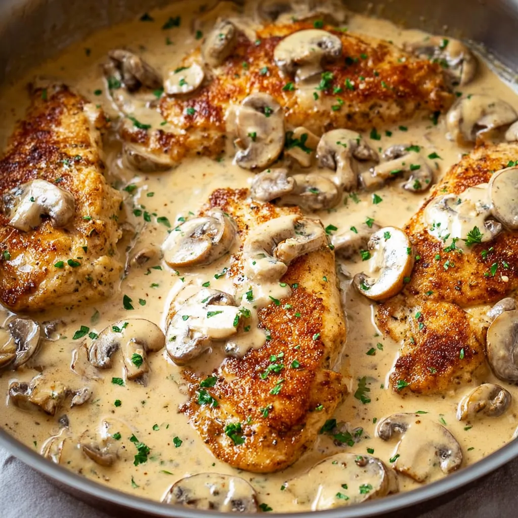A pan of chicken with mushrooms and herbs.