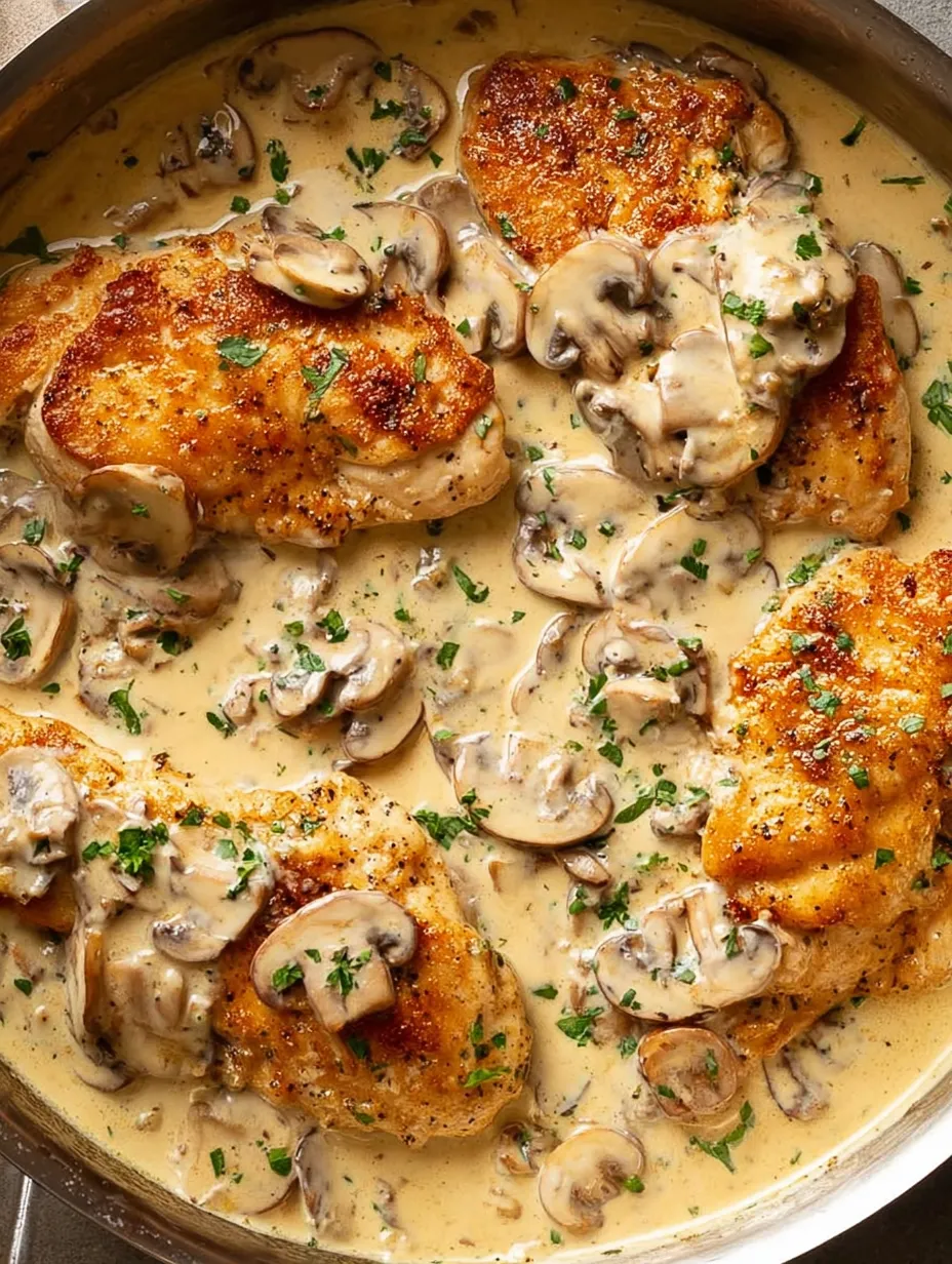 Chicken with mushrooms and herbs.