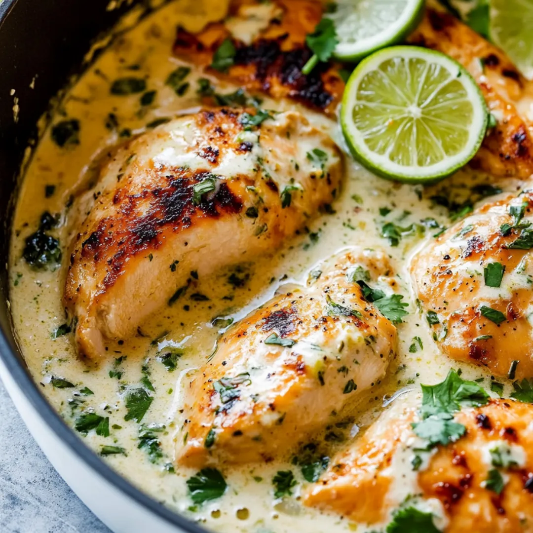 A bowl of chicken with lime wedges on top.
